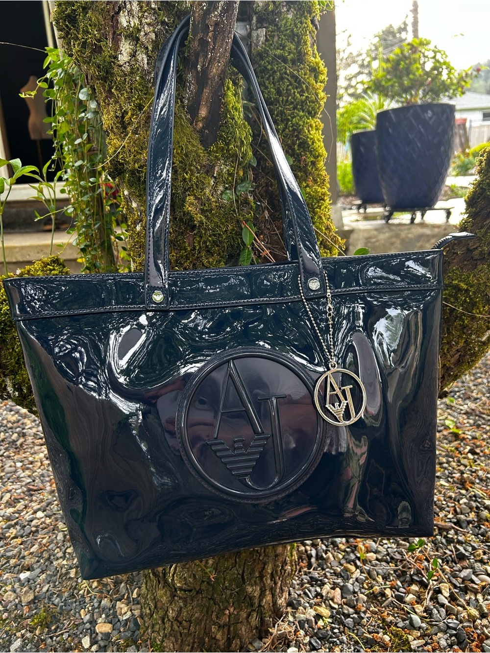 Armani Jeans Blue Patent Leather Logo Tote with Charm - Picture 1 of 11